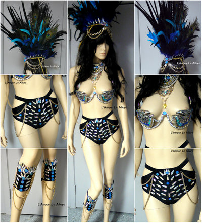 Full Turquoise Rihanna Samba Costume Cosplay Dance Rave Cage Bra Halloween Burlesque Show Girl