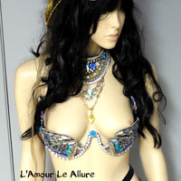 Full Turquoise Rihanna Samba Costume Cosplay Dance Rave Cage Bra Halloween Burlesque Show Girl - Thumbnail 1