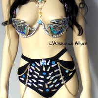 Full Turquoise Rihanna Samba Costume Cosplay Dance Rave Cage Bra Halloween Burlesque Show Girl - Thumbnail 2