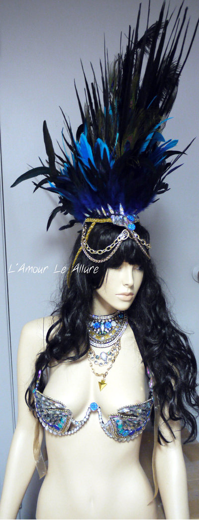 Rihanna Feather Mohawk Samba Headdress Cosplay Dance Costume Rave Bra Halloween Burlesque Show Girl