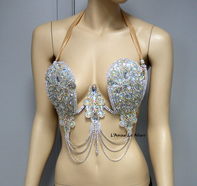 Iridescent Diamond Samba Cage Bra Cosplay Dance Costume Rave Bra Halloween Burlesque Show Girl