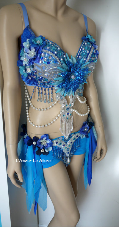 Turquoise Glitter Fairy Costume Cosplay Dance Costume Rave Bra Halloween Burlesque Show Girl