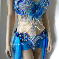 Turquoise Glitter Fairy Costume Cosplay Dance Costume Rave Bra Halloween Burlesque Show Girl - Thumbnail 1