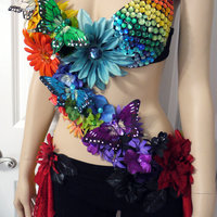 Dark Rainbow Fairy Monokini Costume Cosplay Dance Rave Bra Halloween Burlesque Show Girl - Thumbnail 1