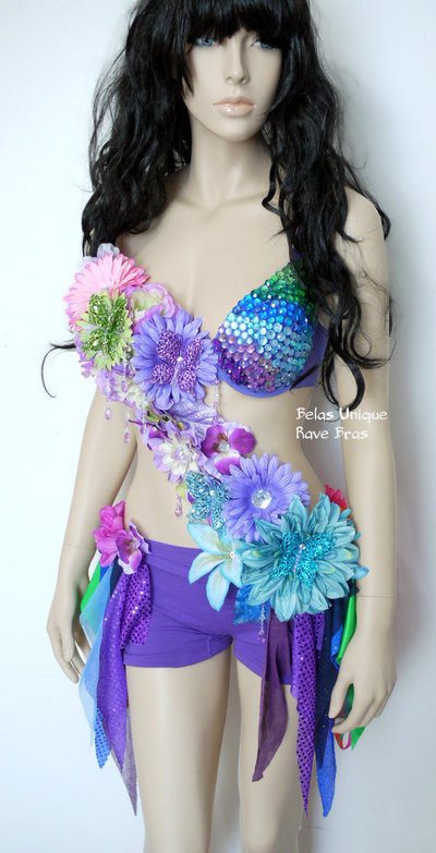Inverted Rainbow Fairy Monokini Costume Cosplay Dance Costume Rave Bra Halloween Burlesque Show Girl