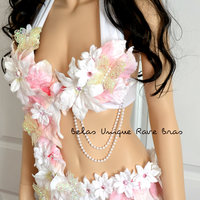 Pink and White Winter Frosted Fairy Monokini Costume Cosplay Dance Rave Bra Halloween Burlesque Show Girl - Thumbnail 1