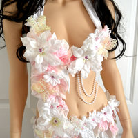 Pink and White Winter Frosted Fairy Monokini Costume Cosplay Dance Rave Bra Halloween Burlesque Show Girl - Thumbnail 2