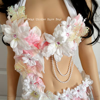 Pink and White Winter Frosted Fairy Monokini Costume Cosplay Dance Rave Bra Halloween Burlesque Show Girl - Thumbnail 3