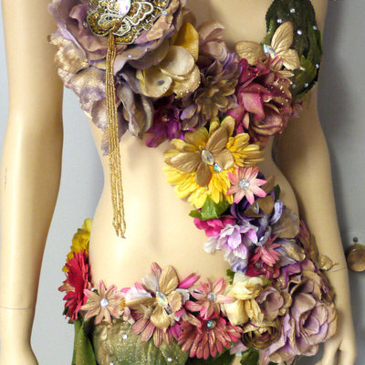 Pink yellow lavender and gold spring fairy monokini costume cosplay dance costume rave bra  halloween burlesque show girl - Thumbnail 5