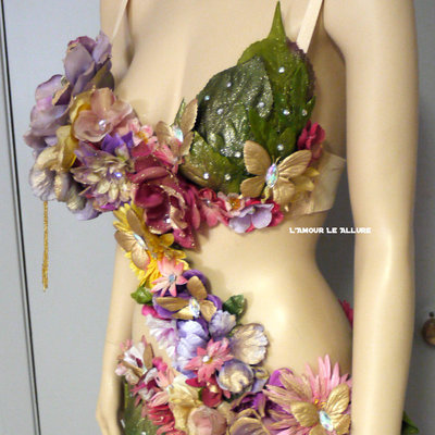 Pink yellow lavender and gold spring fairy monokini costume cosplay dance costume rave bra  halloween burlesque show girl