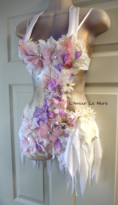 Pink Lavender Frosted Winter Fairy Monokini Costume Cosplay Dance Rave Bra Halloween Burlesque Show Girl