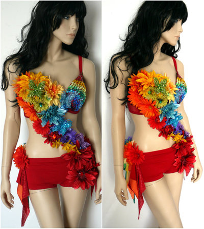 Rainbow Fairy Monokini Costume Cosplay Dance Rave Bra Halloween Burlesque Show Girl
