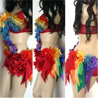 Rainbow Fairy Monokini Costume Cosplay Dance Rave Bra Halloween Burlesque Show Girl - Thumbnail 1