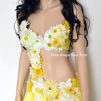 Yellow and White Daisy Fairy Monokini Costume Cosplay Dance Rave Bra Halloween Burlesque Show Girl - Thumbnail 1