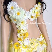 Yellow and White Daisy Fairy Monokini Costume Cosplay Dance Rave Bra Halloween Burlesque Show Girl - Thumbnail 2