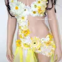 Yellow and White Daisy Fairy Monokini Costume Cosplay Dance Rave Bra Halloween Burlesque Show Girl - Thumbnail 3