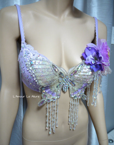 Lavender Butterfly Flower Fairy Bra Costume Cosplay Dance Rave Bra Halloween Burlesque Show Girl