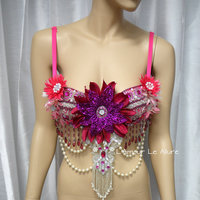 Pink Glitter Flower Fairy Bra Costume Cosplay Dance Rave Bra Halloween Burlesque Show Girl - Thumbnail 2