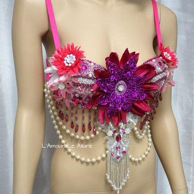Pink glitter flower fairy bra costume cosplay dance rave bra halloween burlesque show girl