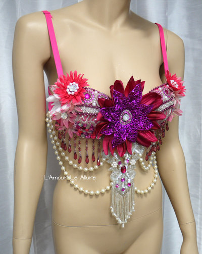 Pink Glitter Flower Fairy Bra Costume Cosplay Dance Rave Bra Halloween Burlesque Show Girl