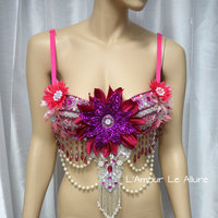 Pink Glitter Flower Fairy Bra Costume Cosplay Dance Rave Bra Halloween Burlesque Show Girl - Thumbnail 3