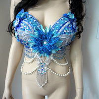 Turquoise Glitter Flower Fairy Bra Costume Cosplay Dance Rave Bra Halloween Burlesque Show Girl - Thumbnail 2