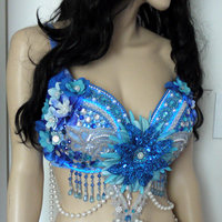 Turquoise Glitter Flower Fairy Bra Costume Cosplay Dance Rave Bra Halloween Burlesque Show Girl - Thumbnail 3