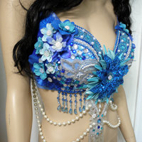 Turquoise Glitter Flower Fairy Bra Costume Cosplay Dance Rave Bra Halloween Burlesque Show Girl - Thumbnail 4