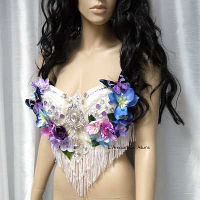 Iridescent pink and purple flower fairy bra costume cosplay dance rave bra halloween burlesque show girl