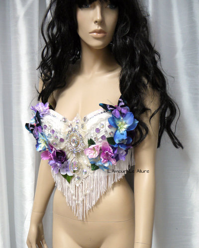 Iridescent Pink and Purple Flower Fairy Bra Costume Cosplay Dance Rave Bra Halloween Burlesque Show Girl