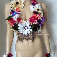 Hula Girl Coconut Flower Bra Cosplay Dance Costume Rave Bra Halloween Burlesque Show Girl - Thumbnail 2