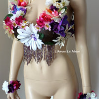 Hula Girl Coconut Flower Bra Cosplay Dance Costume Rave Bra Halloween Burlesque Show Girl - Thumbnail 3