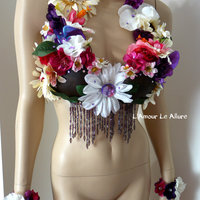 Hula Girl Coconut Flower Bra Cosplay Dance Costume Rave Bra Halloween Burlesque Show Girl - Thumbnail 4