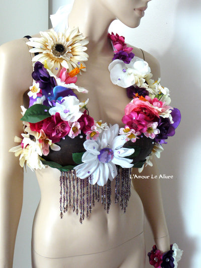 Hula Girl Coconut Flower Bra Cosplay Dance Costume Rave Bra Halloween Burlesque Show Girl