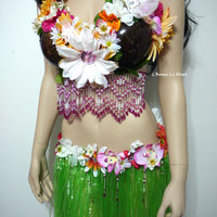 Hula Girl Coconut Flower Bra and Skirt Cosplay Dance Costume Rave Bra Halloween Burlesque Show Girl - Thumbnail 1