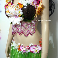 Hula Girl Coconut Flower Bra and Skirt Cosplay Dance Costume Rave Bra Halloween Burlesque Show Girl - Thumbnail 2