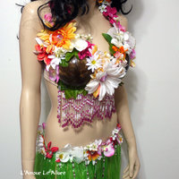 Hula Girl Coconut Flower Bra and Skirt Cosplay Dance Costume Rave Bra Halloween Burlesque Show Girl - Thumbnail 3