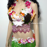 Hula Girl Coconut Flower Bra and Skirt Cosplay Dance Costume Rave Bra Halloween Burlesque Show Girl - Thumbnail 4