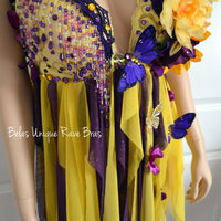 Purple and Yellow Flower Fairy Babydoll Dress Bra Costume Cosplay Dance Rave Halloween Burlesque Show Girl - Thumbnail 1
