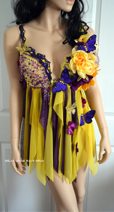 Purple and Yellow Flower Fairy Babydoll Dress Bra Costume Cosplay Dance Rave Halloween Burlesque Show Girl