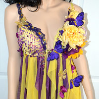 Purple and Yellow Flower Fairy Babydoll Dress Bra Costume Cosplay Dance Rave Halloween Burlesque Show Girl - Thumbnail 2