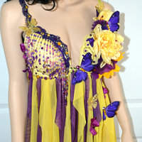 Purple and Yellow Flower Fairy Babydoll Dress Bra Costume Cosplay Dance Rave Halloween Burlesque Show Girl - Thumbnail 3