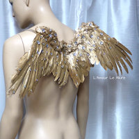 Small Gold Rhinestone Angel Wings Samba Cosplay Dance Costume Rave Bra Halloween Burlesque Show Girl - Thumbnail 2