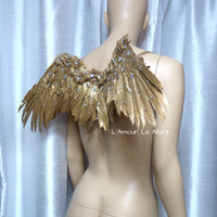 Small Gold Rhinestone Angel Wings Samba Cosplay Dance Costume Rave Bra Halloween Burlesque Show Girl - Thumbnail 3