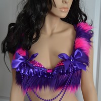 Cheshire Cat Fur Alice In wonderland Costume Cosplay Dance Rave Bra Halloween Burlesque Show Girl - Thumbnail 3