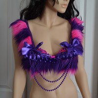 Cheshire Cat Fur Alice In wonderland Costume Cosplay Dance Rave Bra Halloween Burlesque Show Girl - Thumbnail 1