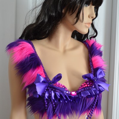 Cheshire cat fur alice in wonderland costume cosplay dance rave bra halloween burlesque show girl