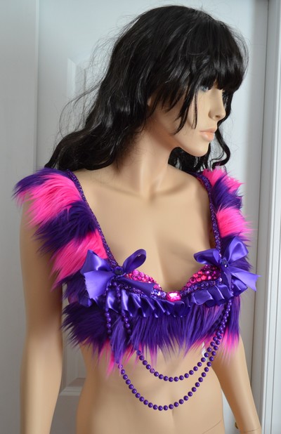 Cheshire Cat Fur Alice In wonderland Costume Cosplay Dance Rave Bra Halloween Burlesque Show Girl