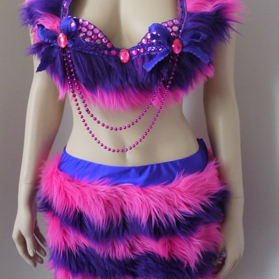 Cheshire cat fur costume alice in wonderland bra costume cosplay dance costume rave bra rave wear halloween burlesque show girl