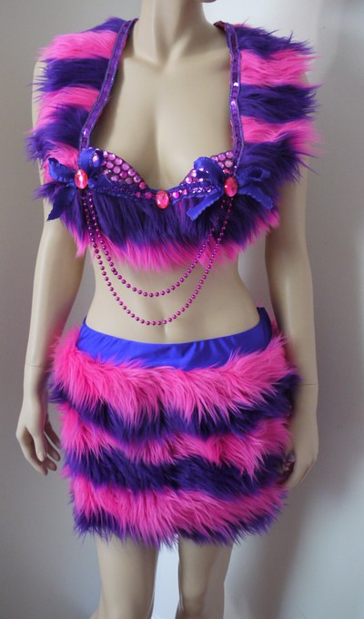 Cheshire Cat Fur Costume Alice In wonderland bra Costume Cosplay Dance Costume Rave Bra Rave Wear Halloween Burlesque Show Girl